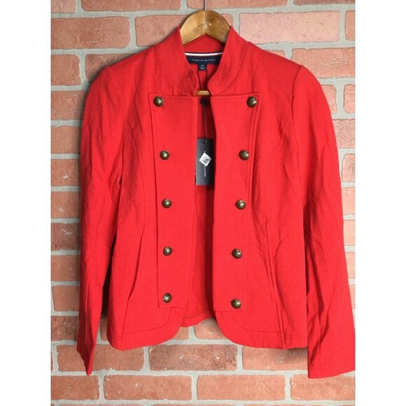 Tommy Hilfiger Womens Band Jacket Red Button-Trim Open Front Cardigan Blazer - Picture 1 of 6